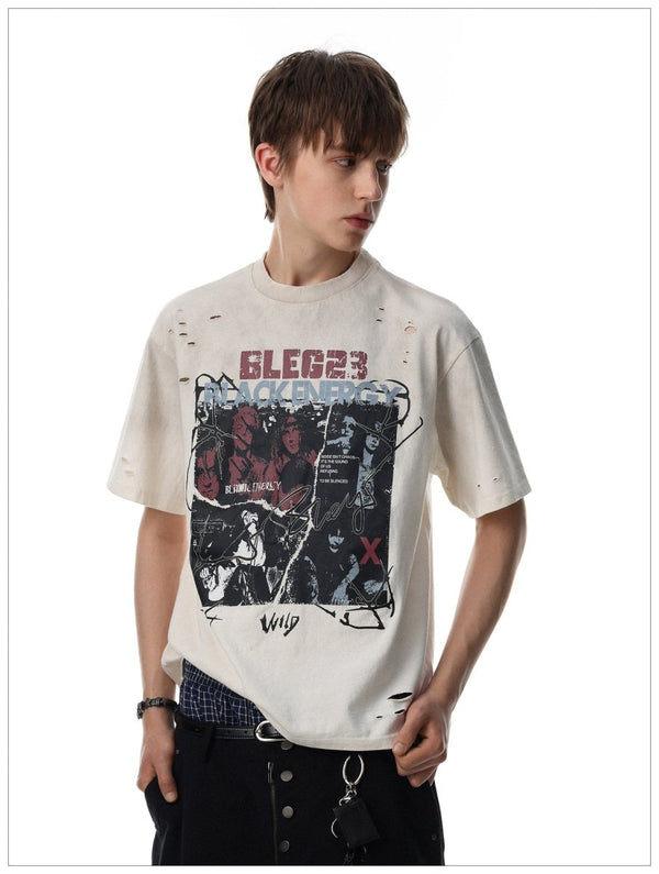 ヴィンテージ加工ダメージ半袖プリントTシャツ OR5419