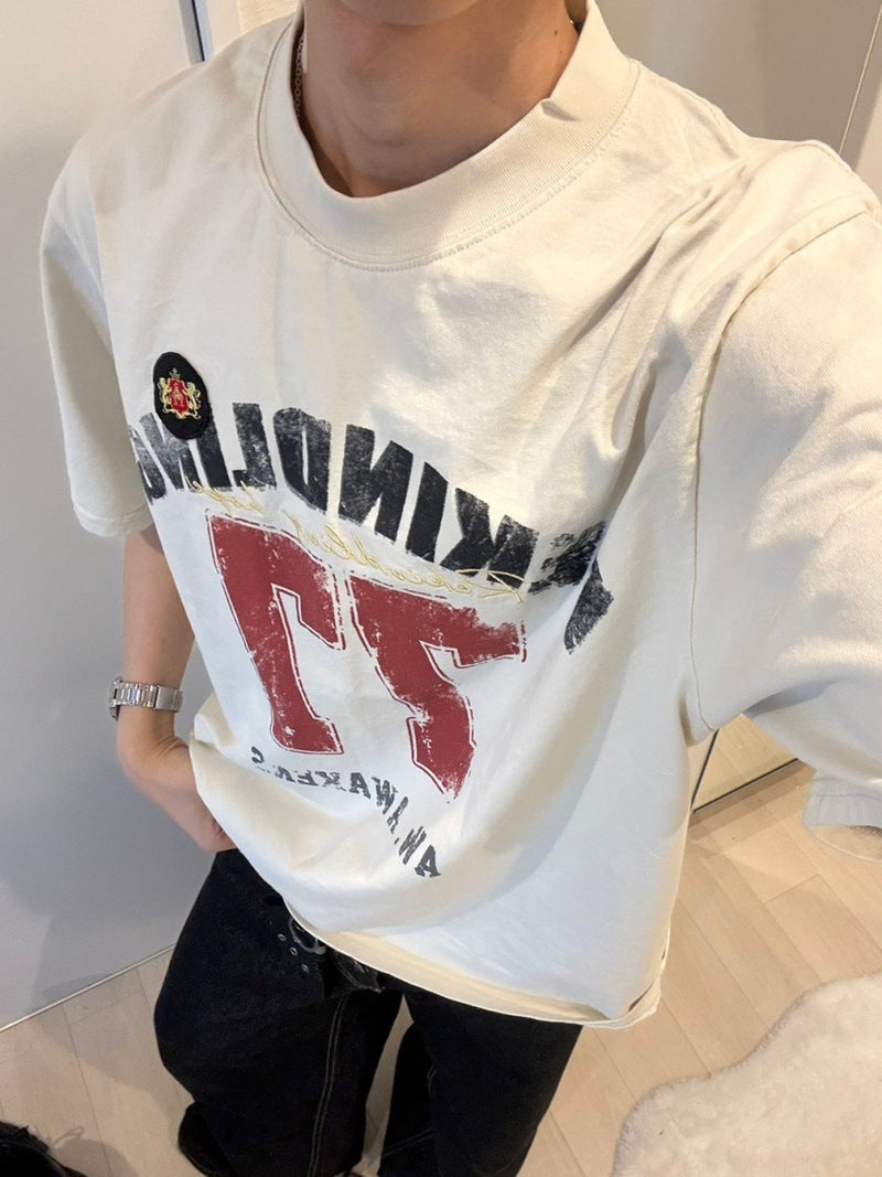 ORR 韓国　シャツ ヴィンテージナンバリングプリントオーバーサイズTシャツ ORS-027