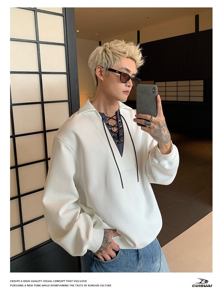 V - neck lace - up polo shirt OR4656 - 韓国メンズファッション通販 - ORUN - 
