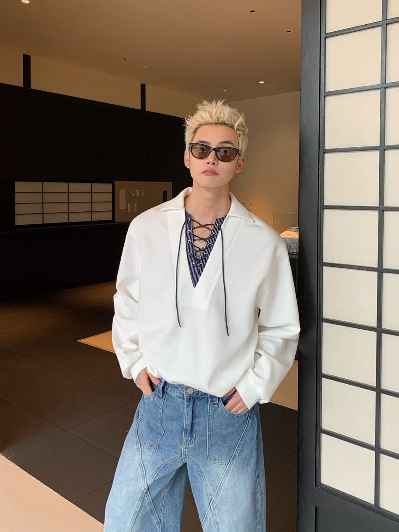 V - neck lace - up polo shirt OR4656 - 韓国メンズファッション通販 - ORUN - 