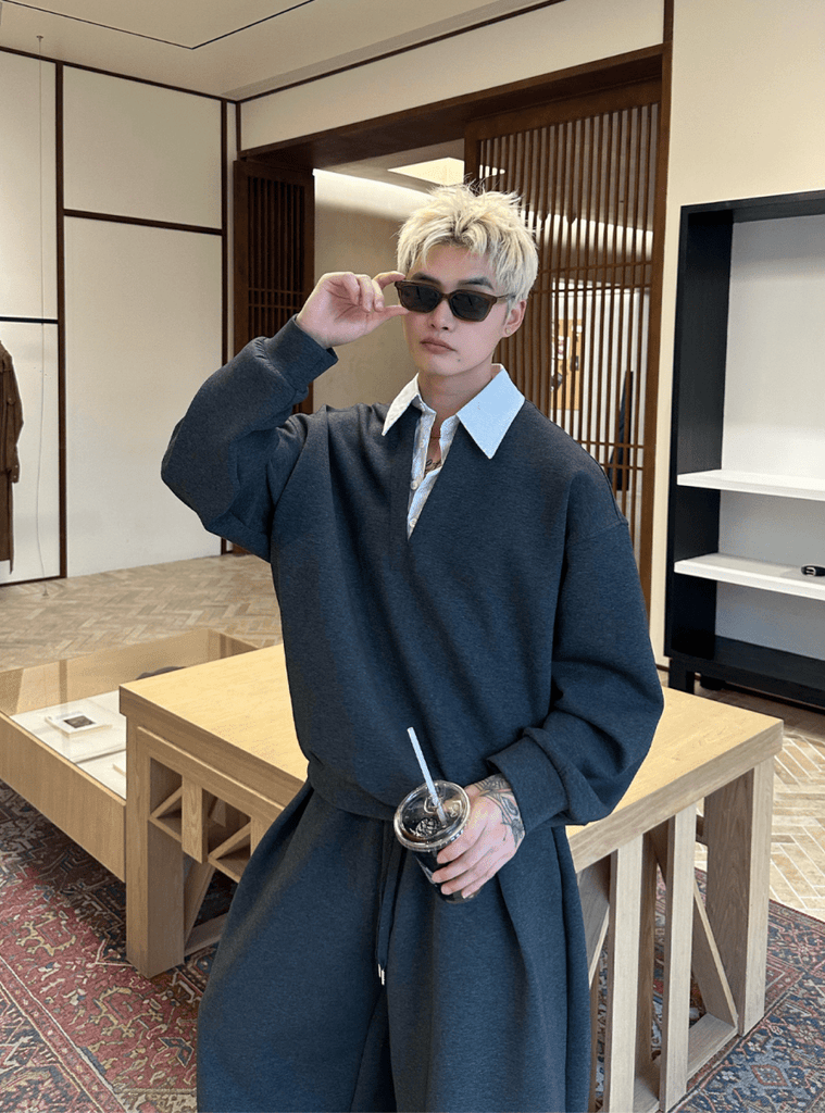 レイヤードVネックスウェットセットアップ OR4904 – 韓国メンズ