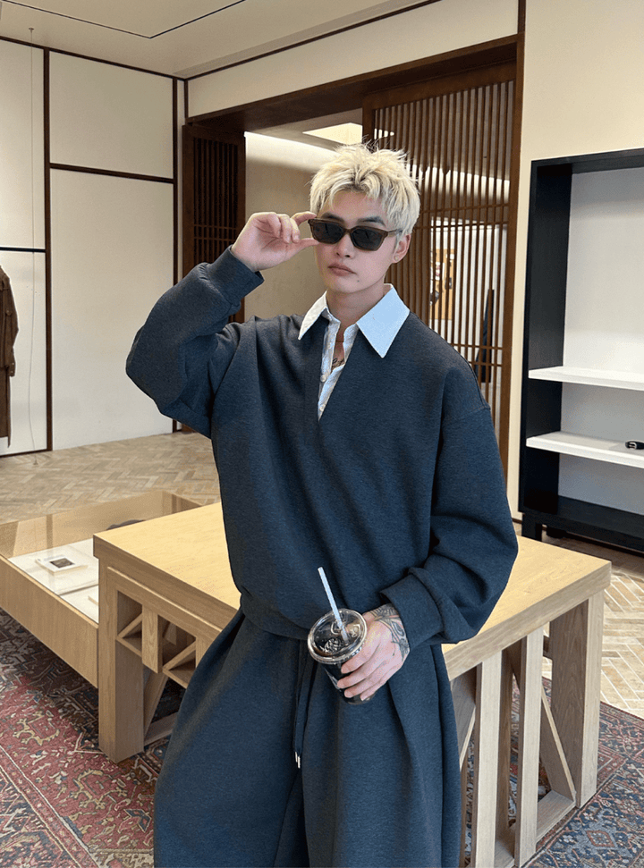 レイヤードVネックスウェットセットアップ OR4904 – 韓国メンズ