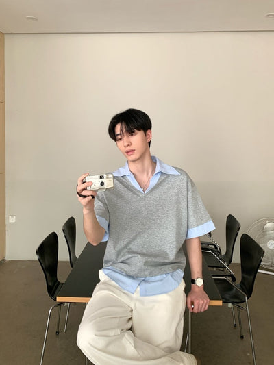 フェイクレイヤード・Vネックシャツ/ shirt OR4526 - 韓国メンズファッション通販 - ORUN - 