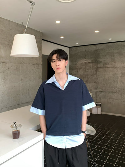 フェイクレイヤード・Vネックシャツ/ shirt OR4526 - 韓国メンズファッション通販 - ORUN - 