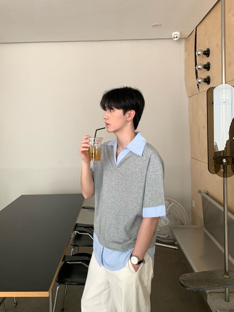 フェイクレイヤード・Vネックシャツ/ shirt OR4526 - 韓国メンズファッション通販 - ORUN - 