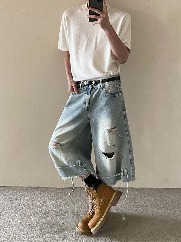 Washed half denim pants OR4262