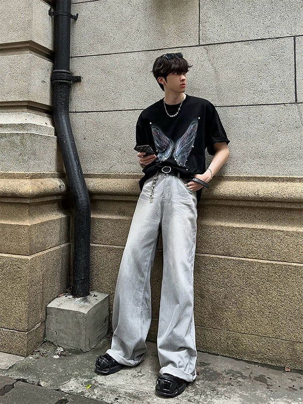 White gray wide denim pants OR3248