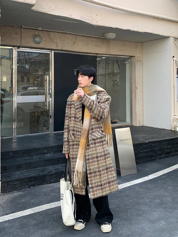 Check pattern long wool coat or2180