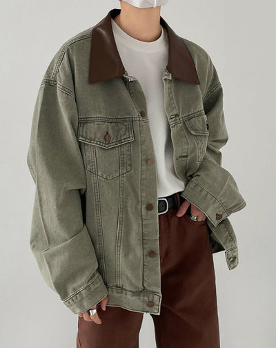 Collar Leather Denim Jacket or2746 - ORUN