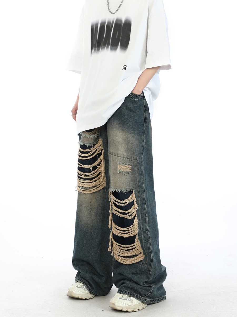 【IONSEOUL】Point Color Damage Wide Denim Pants 韓国 人気 IONSEOUL Point color damage wide denim pants JH001 (IONSEOUL