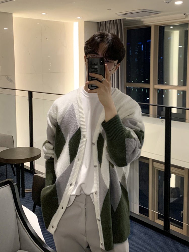 Diamond check pattern sweater cardigan or2601 - ORUN