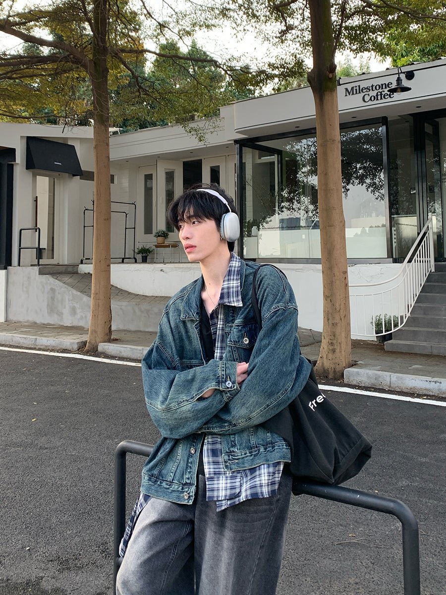 Fake layered check pattern denim jacket or2655 – 韓国メンズ