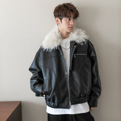 Fur collar leather jacket or2352 - ORUN