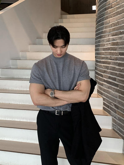 Knit High Neck Short Sleeve T-Shirt - ORUN