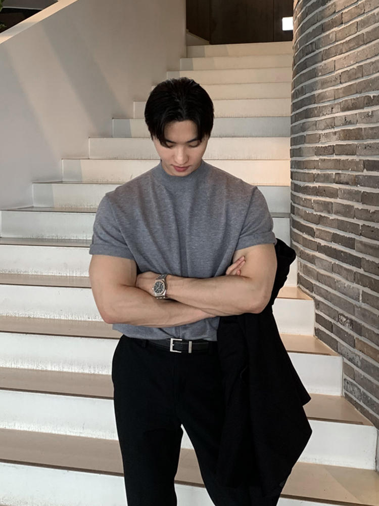 Knit High Neck Short Sleeve T-Shirt - ORUN