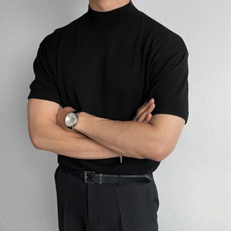 Knit High Neck Short Sleeve T-Shirt - ORUN