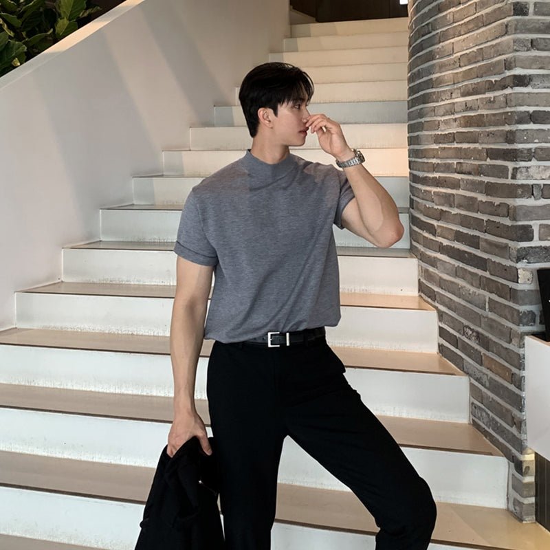 Knit High Neck Short Sleeve T-Shirt - ORUN
