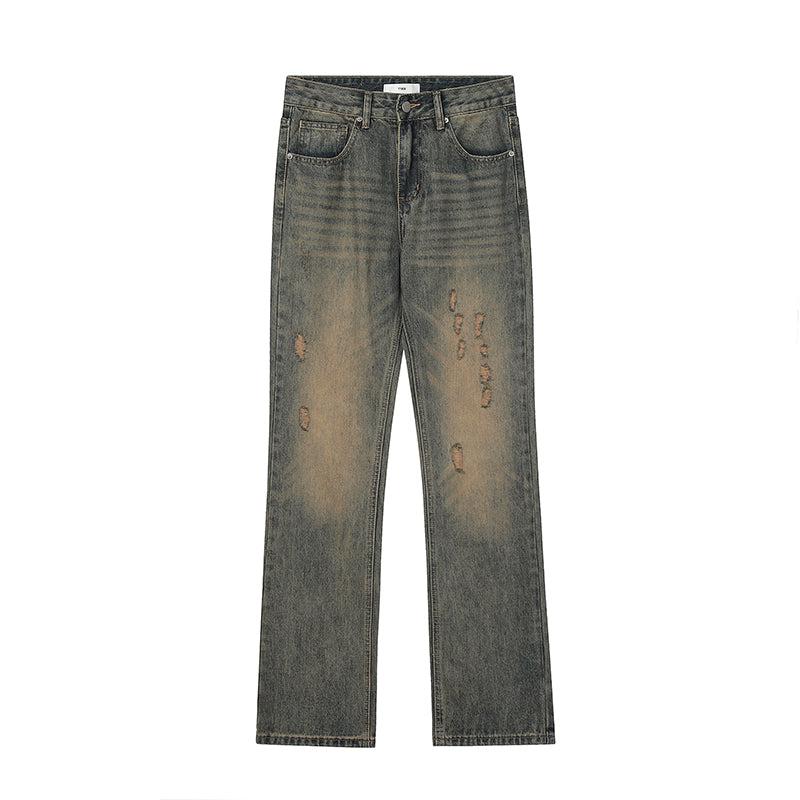 Retro Yellow Mud-colored Ripped Jeans - ORUN