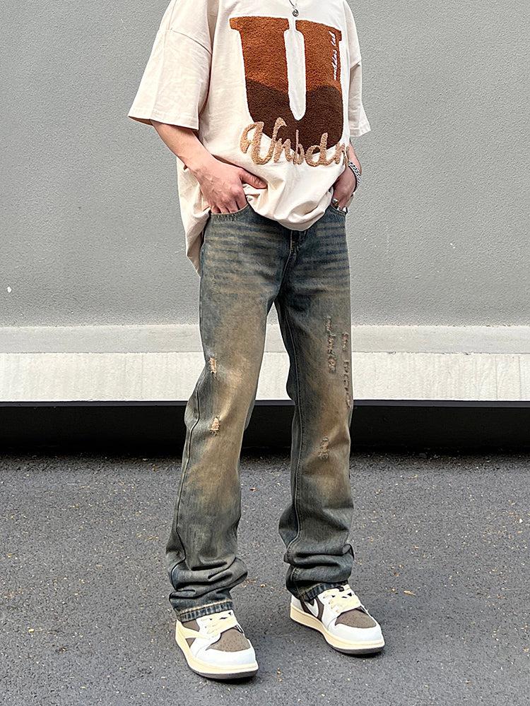 Retro Yellow Mud-colored Ripped Jeans - ORUN