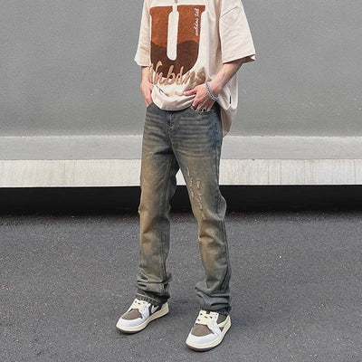 Retro Yellow Mud-colored Ripped Jeans - ORUN