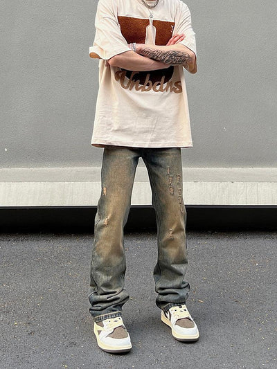 Retro Yellow Mud-colored Ripped Jeans - ORUN