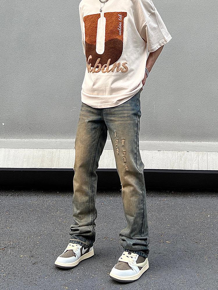 Retro Yellow Mud-colored Ripped Jeans - ORUN