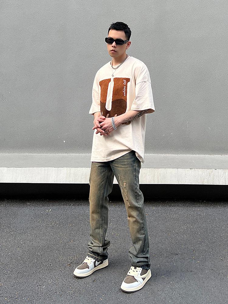Retro Yellow Mud-colored Ripped Jeans - ORUN