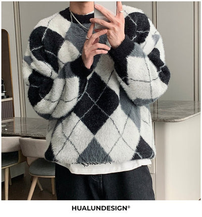 Round neck check pattern knit or2359 - ORUN