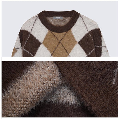Round neck check pattern knit or2359 - ORUN