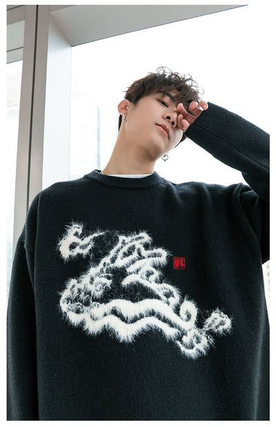 Round neck dragon knit sweater or2456 - ORUN