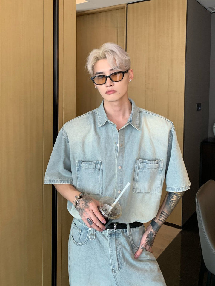 2025春物‼️ジャーナルスタンダード❗️ショート丈デニム長袖シャツ ウォッシュデニムシャツ/ パンツ セットアップ or1576 – 韓国メンズ