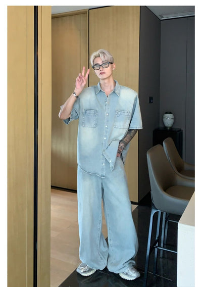 Short -sleeved denim set straight pants or1576 - ORUN