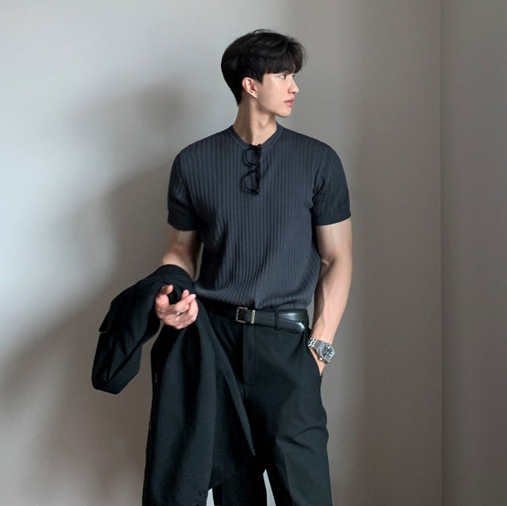 韓国 トレンド メンズ 半袖サマーニット short-sleeved-knit-shirt-